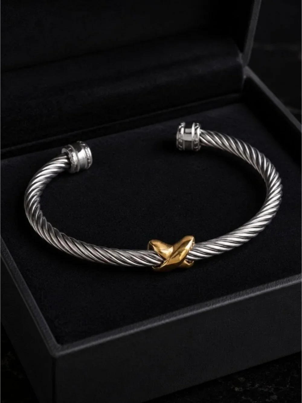Silver-Tone Twisted Cable Bracelet with Gold Accent